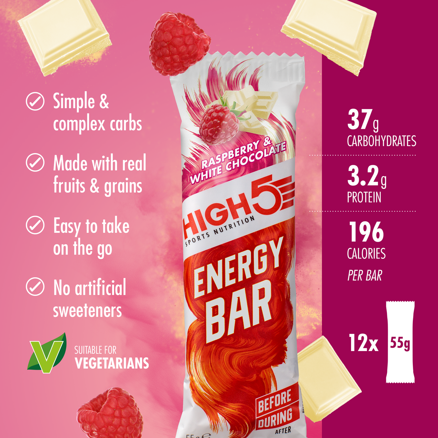 HIGH5 ENERGY BAR Energieriegel (55g) Himbeere weiße Schokolade