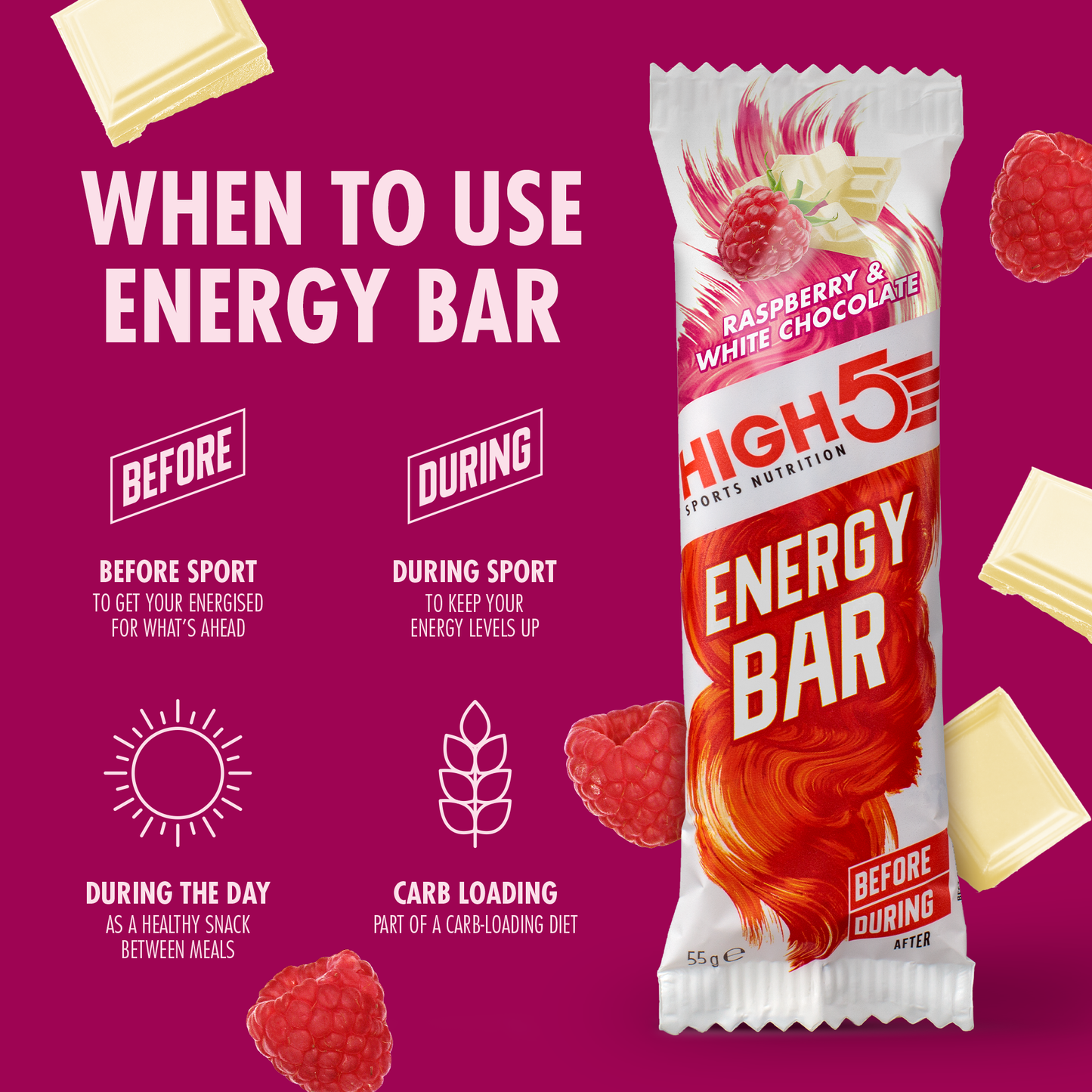 HIGH5 ENERGY BAR Energieriegel (55g) Himbeere weiße Schokolade
