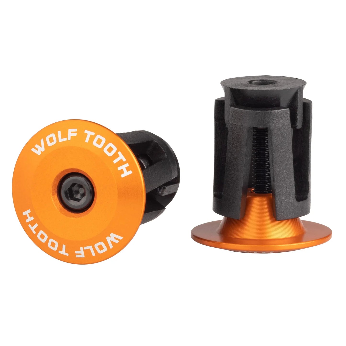 Ein Paar WOLF TOOTH-Lenkerendkappen aus eloxiertem Aluminium in Orange