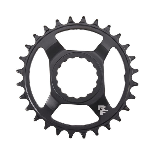 RACE FACE Narrow-Wide-Kettenblatt für Einfachantrieb, 9-/10-/11-/12-fach, Cinch Direct Mount, Schwarz/Stahl — Kettenblatt vor weißem Hintergrund