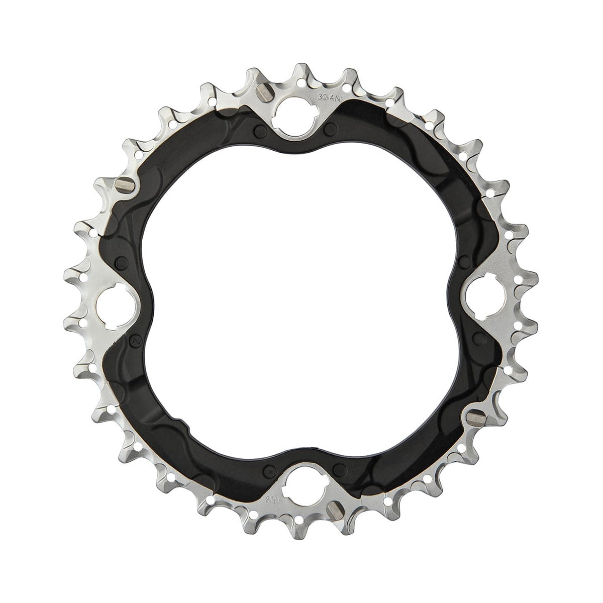 SHIMANO SLX M672/XT M782 mittleres Kettenblatt, 10-fach, 4-Loch, 96 mm — Ansicht des Kettenblatts vor weißem Hintergrund