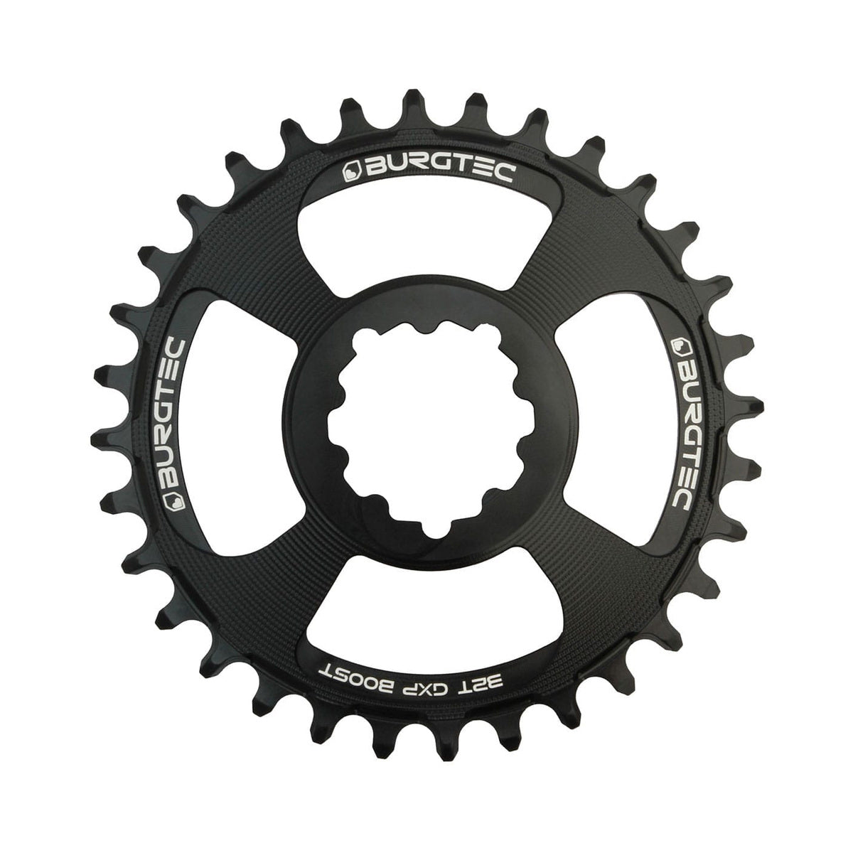 BURGTEC GXP THICK THIN BOOST Narrow-Wide-Kettenblatt für Einfachantrieb, 11/12-fach, Direct Mount, 3 mm Offset, schwarz — Ansicht des Kettenblatts vor weißem Hintergrund