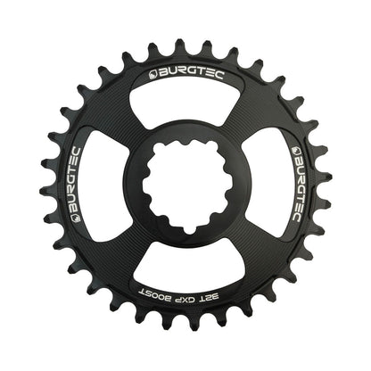 BURGTEC GXP THICK THIN BOOST Narrow-Wide-Kettenblatt für Einfachantrieb, 11/12-fach, Direct Mount, 3 mm Offset, schwarz — Ansicht des Kettenblatts vor weißem Hintergrund