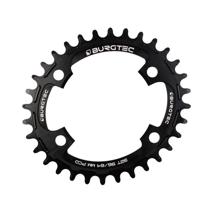 BURGTEC THICK THIN ovales Narrow-Wide-Kettenblatt für Einfachantrieb, 10/11/12-fach, 4-Loch, 64/96 mm, schwarz — Ansicht des Kettenblatts vor weißem Hintergrund