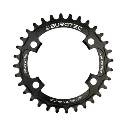 BURGTEC THICK THIN Narrow-Wide-Kettenblatt für Einfachantrieb, 9/10/11/12-fach, 4-Loch, 64/96 mm, schwarz — Ansicht des Kettenblatts vor weißem Hintergrund