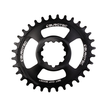 Ovales Einfach-Kettenblatt BURGTEC THICK THIN 11/12-fach BOOST Direct Mount Schmal-Breit, 3 mm Versatz, Schwarz — Kettenblatt auf weißem Hintergrund
