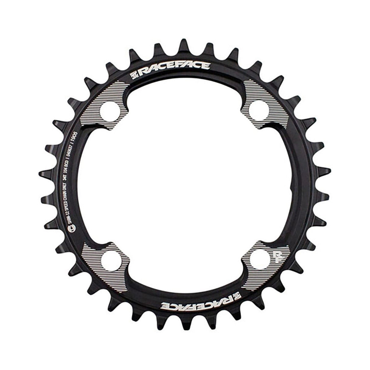 RACE FACE Kettenblatt für Einfachantrieb, kompatibel mit Shimano 12-fach, 4-Loch, 104 mm, schwarz — Ansicht des Kettenblatts vor weißem Hintergrund