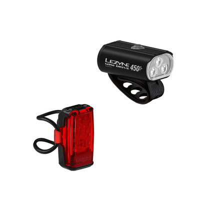 Leuchten-Set mit LEZYNE MINI DRIVE 450+ Frontleuchte und KTV+ DRIVE Rückleuchte in Schwarz