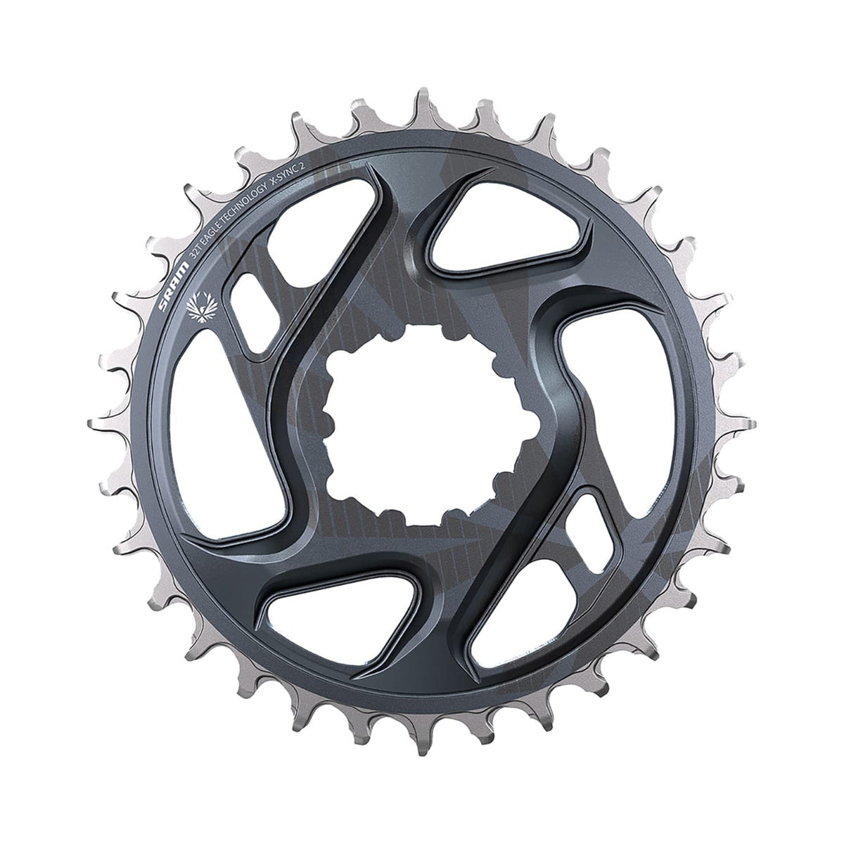 Einfach-Kettenblatt SRAM X-SYNC 2 EAGLE 12-fach Direct Mount, 6 mm Versatz, Mondgrau — Kettenblatt auf weißem Hintergrund