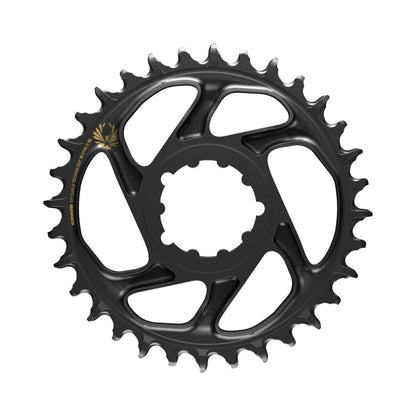 Einfach-Kettenblatt SRAM EAGLE X-SYNC 2 SL BOOST 12-fach Direct Mount, 3 mm Versatz, Schwarz/Gold — Kettenblatt auf weißem Hintergrund