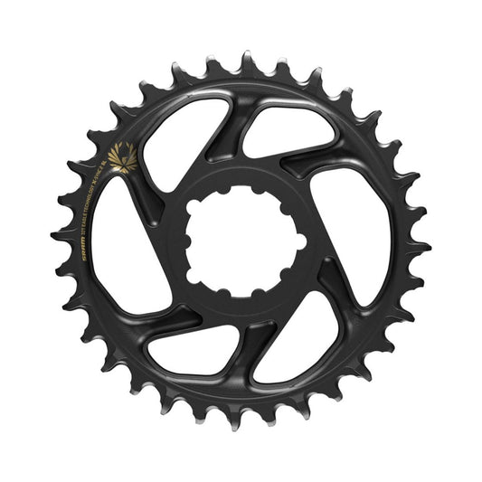 Einfach-Kettenblatt SRAM EAGLE X-SYNC 2 SL BOOST 12-fach Direct Mount, 3 mm Versatz, Schwarz/Gold — Kettenblatt auf weißem Hintergrund