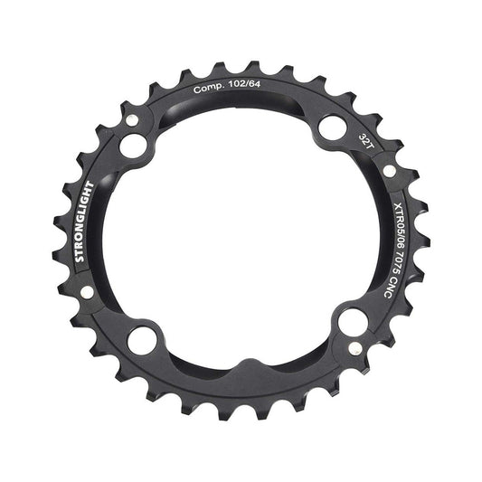 Mittleres Kettenblatt STRONGLIGHT Aluminium 7075 SHIMANO XTR M960 9-fach, 4-Loch, 102 mm — Kettenblatt auf weißem Hintergrund