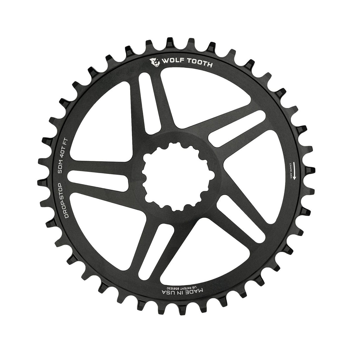 Einfach-Kettenblatt WOLF TOOTH 10/11/12-fach Sram Direct Mount, 6 mm Versatz, Schwarz — Kettenblatt auf weißem Hintergrund