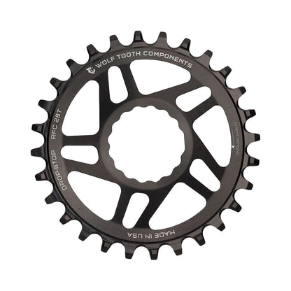 Einfach-Kettenblatt WOLF TOOTH BOOST 9/10/11/12-fach Raceface CINCH Direct Mount, 3 mm Versatz, Schwarz — Kettenblatt auf weißem Hintergrund