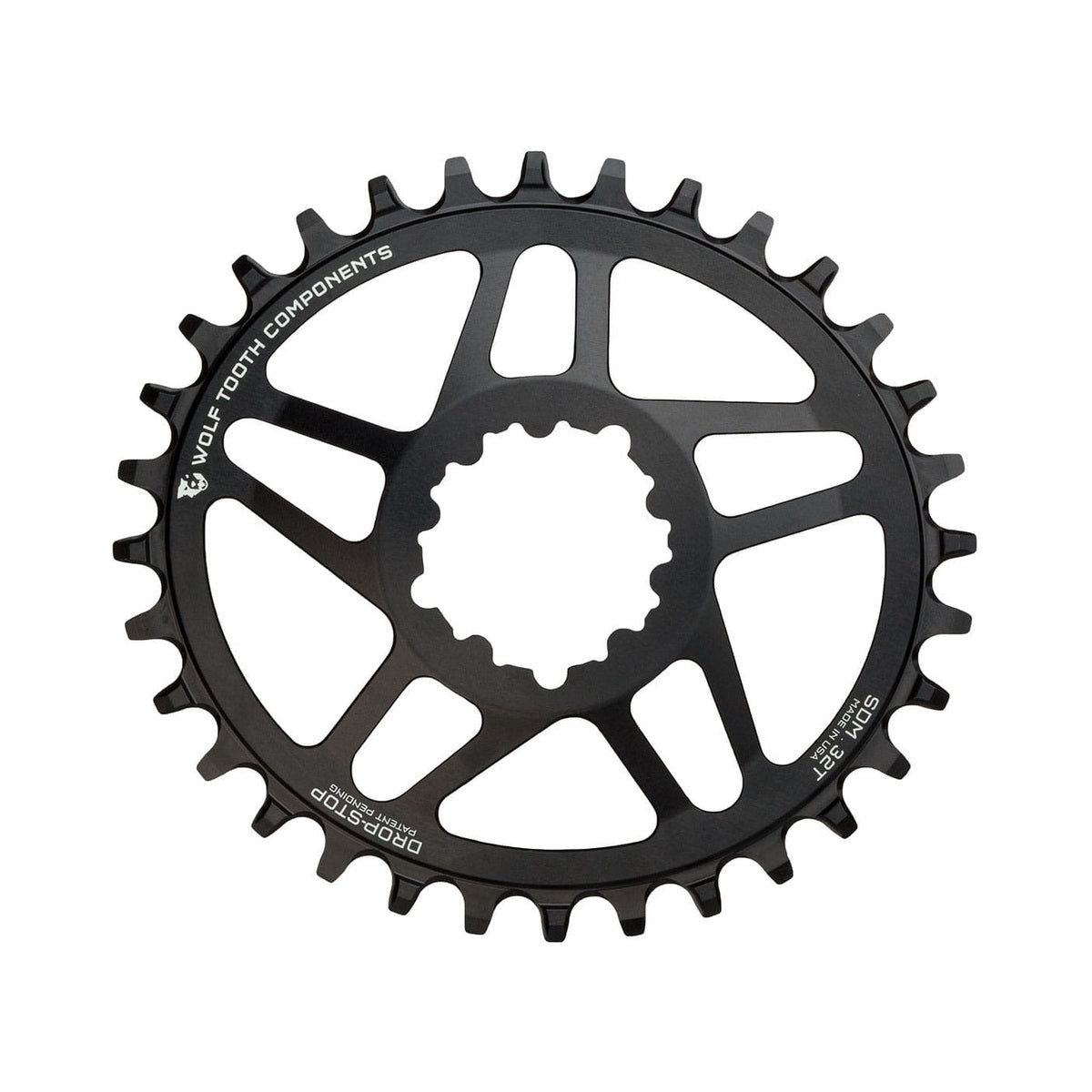 Ovales Einfach-Kettenblatt WOLF TOOTH ELLIPTISCH 10/11/12-fach Sram Direct Mount, 6 mm Versatz, Schwarz — Kettenblatt auf weißem Hintergrund