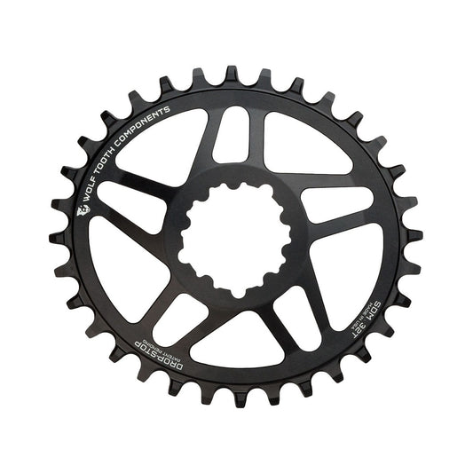 Ovales Einfach-Kettenblatt WOLF TOOTH ELLIPTISCH 10/11/12-fach Sram Direct Mount, 6 mm Versatz, Schwarz — Kettenblatt auf weißem Hintergrund