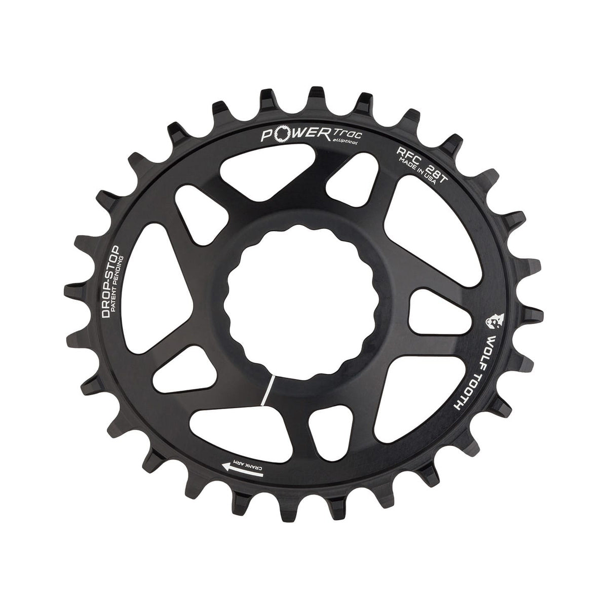 Ovales Einfach-Kettenblatt WOLF TOOTH ELLIPTISCH 9/10/11/12-fach Raceface CINCH Direct Mount, 6 mm Versatz, Schwarz — Kettenblatt auf weißem Hintergrund