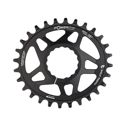 Ovales Einfach-Kettenblatt WOLF TOOTH ELLIPTISCH 9/10/11/12-fach Raceface CINCH Direct Mount, 6 mm Versatz, Schwarz — Kettenblatt auf weißem Hintergrund
