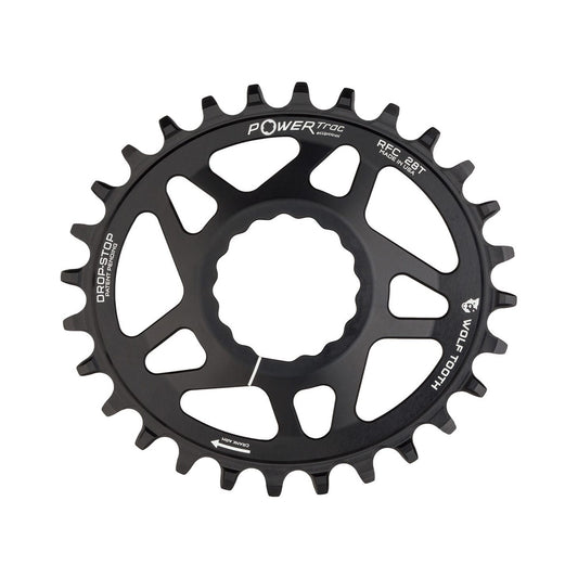 Ovales Einfach-Kettenblatt WOLF TOOTH ELLIPTISCH 9/10/11/12-fach Raceface CINCH Direct Mount, 6 mm Versatz, Schwarz — Kettenblatt auf weißem Hintergrund