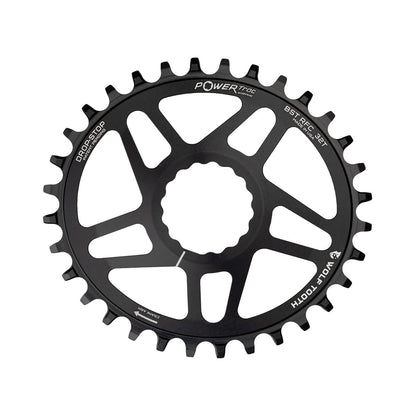 Ovales Einfach-Kettenblatt WOLF TOOTH ELLIPTISCH BOOST 12-fach Raceface CINCH Direct Mount, 3 mm Versatz, Schwarz — Kettenblatt auf weißem Hintergrund