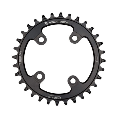 Einfach-Kettenblatt WOLF TOOTH 76 BCD 10/11/12-fach Sram XX1/Specialized STOUT, 4-Loch, 76 mm, Schwarz — Kettenblatt auf weißem Hintergrund