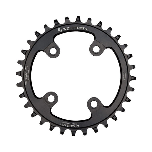Einfach-Kettenblatt WOLF TOOTH 76 BCD 10/11/12-fach Sram XX1/Specialized STOUT, 4-Loch, 76 mm, Schwarz — Kettenblatt auf weißem Hintergrund