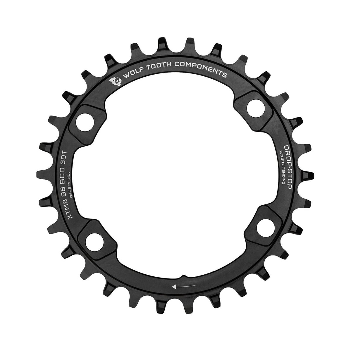 Einfach-Kettenblatt WOLF TOOTH 96 BCD 11-fach Shimano XT M8000/SLX M7000, 4-Loch, 96 mm, Schwarz — Kettenblatt auf weißem Hintergrund