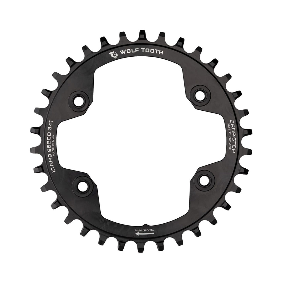 Einfach-Kettenblatt WOLF TOOTH 96 BCD 9/10/11/12-fach Shimano XTR M9000/M9020, 4-Loch, 96 mm, Schwarz — Kettenblatt auf weißem Hintergrund