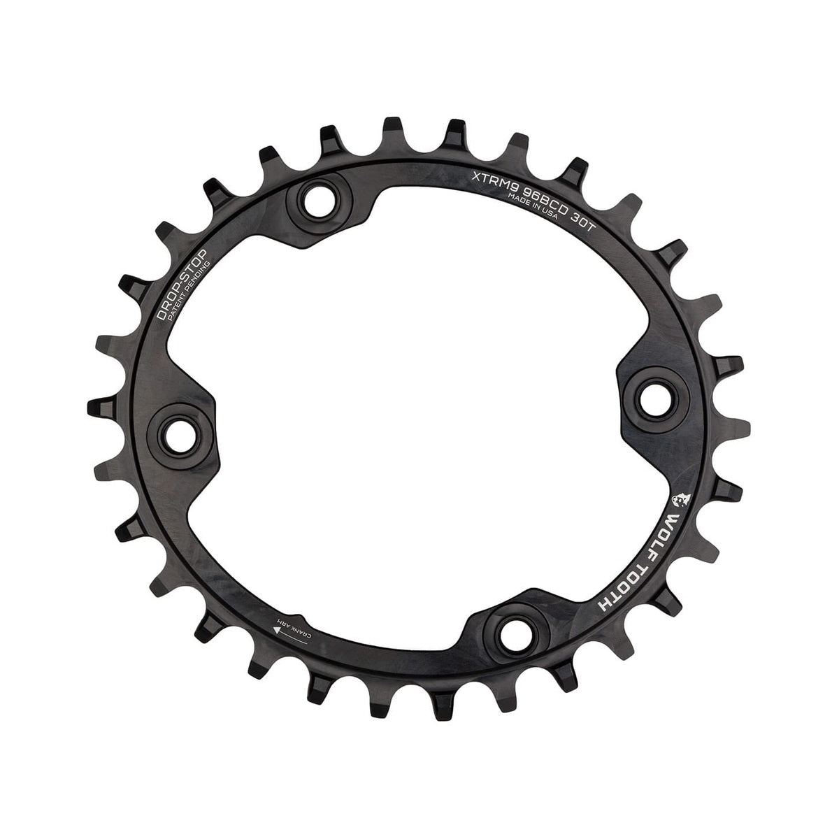 Ovales Einfach-Kettenblatt WOLF TOOTH ELLIPTISCH 96 BCD 11-fach Shimano XTR M9000/9020, 4-Loch, 96 mm, Schwarz — Kettenblatt auf weißem Hintergrund