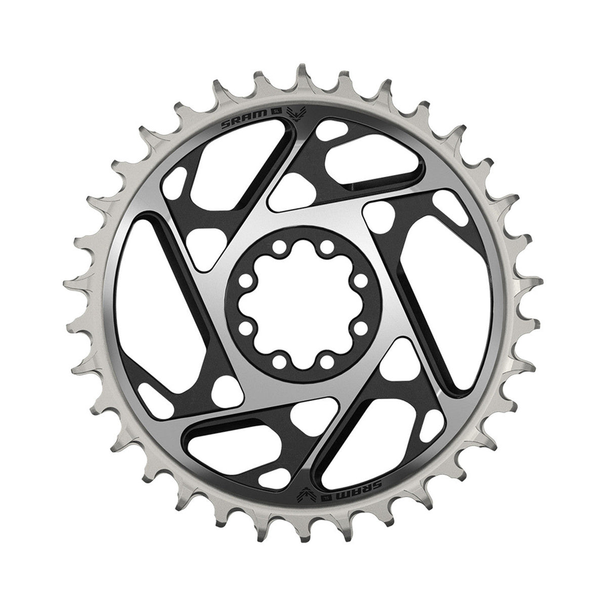 SRAM XX-SL T-TYPE EAGLE BOOST Kettenblatt für Einfachantrieb, 12-fach, Direct Mount, 3 mm Offset, Schwarz/Silber — Ansicht des Kettenblatts auf weißem Hintergrund