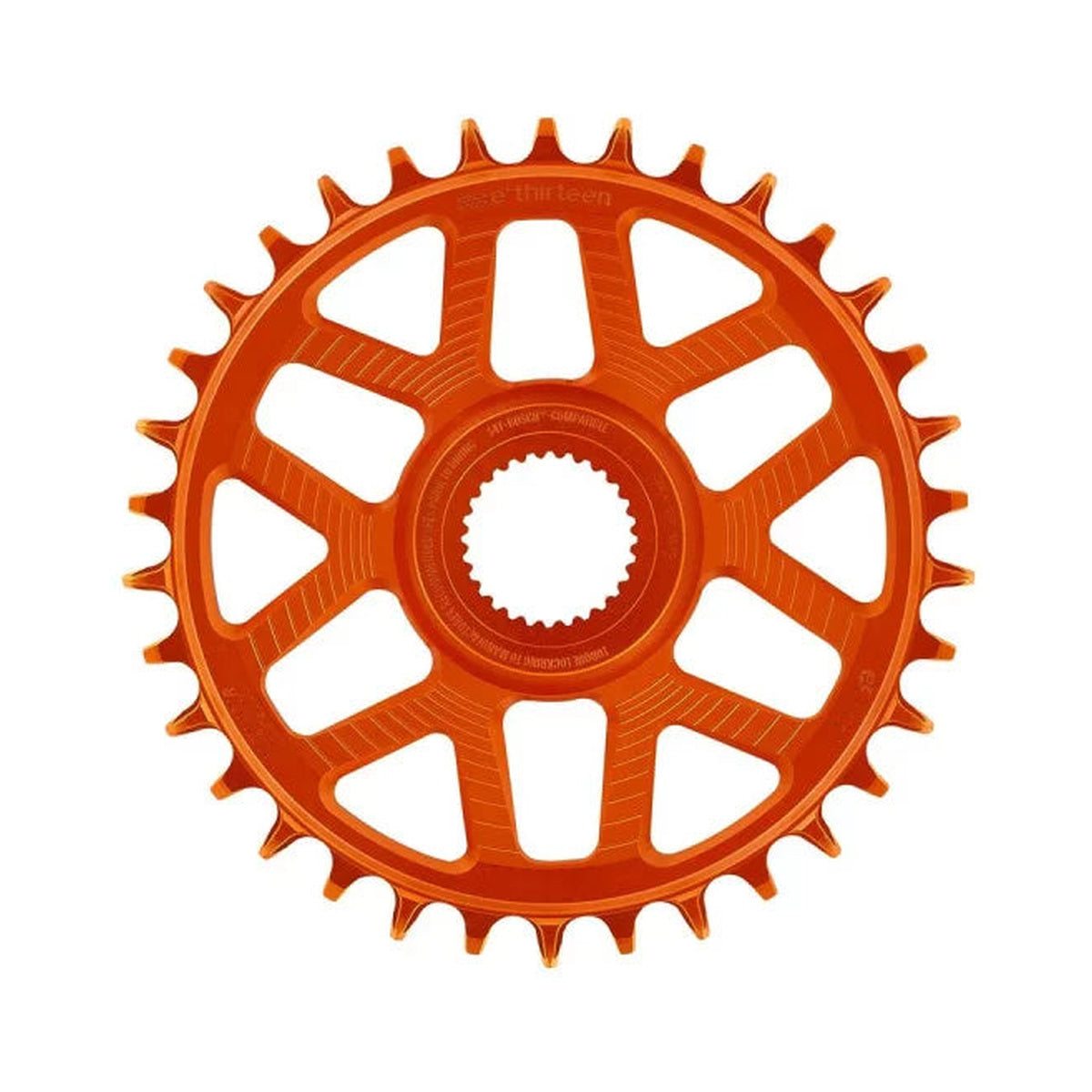 E-THIRTEEN HELIX RACE E-SPEC 1-fach-Kettenblatt, 11/12-fach, Direct Mount für Bosch Gen4, 13 mm Versatz, Orange — Kettenblatt auf weißem Hintergrund
