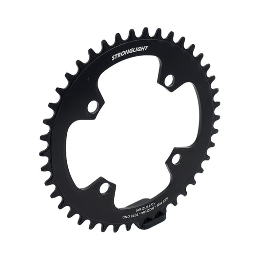 STRONGLIGHT 1-fach-Kettenblatt, 11/12-fach, 4-Loch, 104 mm, Aluminium 7075 — Kettenblatt auf weißem Hintergrund