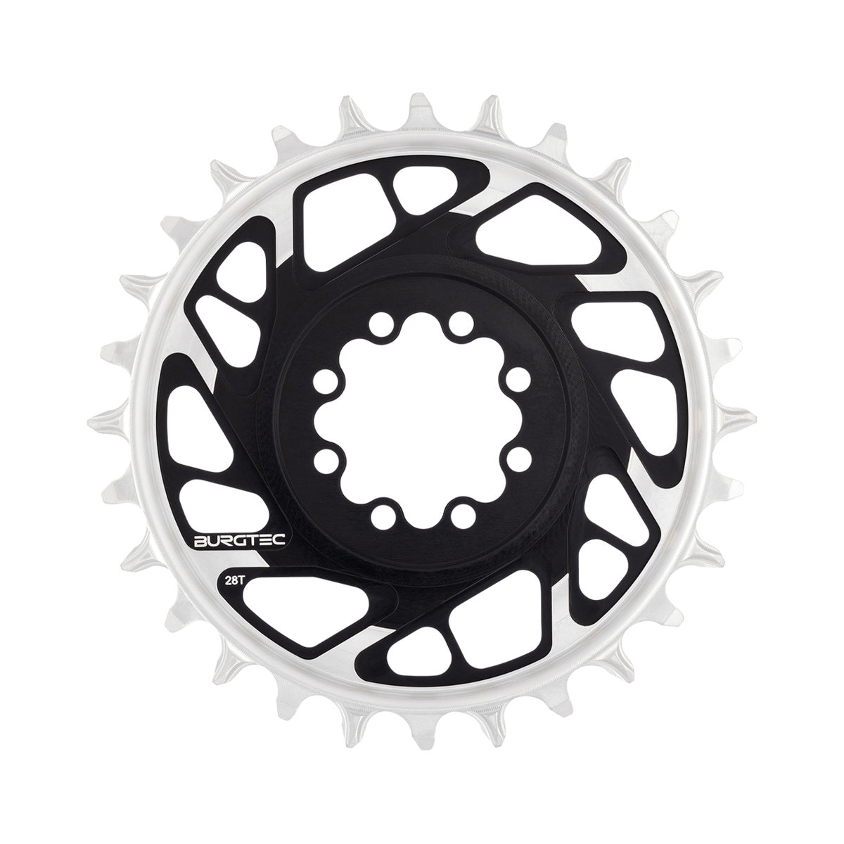 BURGTEC THICK THIN BOOST 1-fach-Kettenblatt, 12-fach, Direct Mount, 8 Schrauben, T-Type Narrow Wide, 3 mm Versatz, Schwarz — Kettenblatt auf weißem Hintergrund