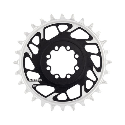 BURGTEC THICK THIN BOOST 1-fach-Kettenblatt, 12-fach, Direct Mount, 8 Schrauben, T-Type Narrow Wide, 3 mm Versatz, Schwarz — Kettenblatt auf weißem Hintergrund