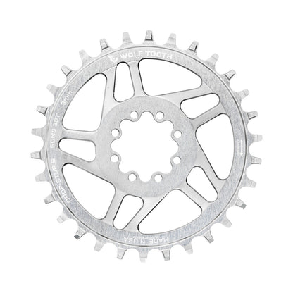 WOLF TOOTH DROP-STOP B 1-fach-Kettenblatt, Direct Mount mit 8 Schrauben, SRAM Eagle Boost, 0 mm Versatz, Raw Silver — Kettenblatt auf weißem Hintergrund