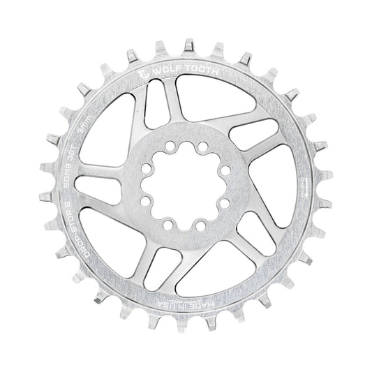 WOLF TOOTH DROP-STOP B 1-fach-Kettenblatt, Direct Mount mit 8 Schrauben, SRAM Eagle Boost, 0 mm Versatz, Raw Silver — Kettenblatt auf weißem Hintergrund