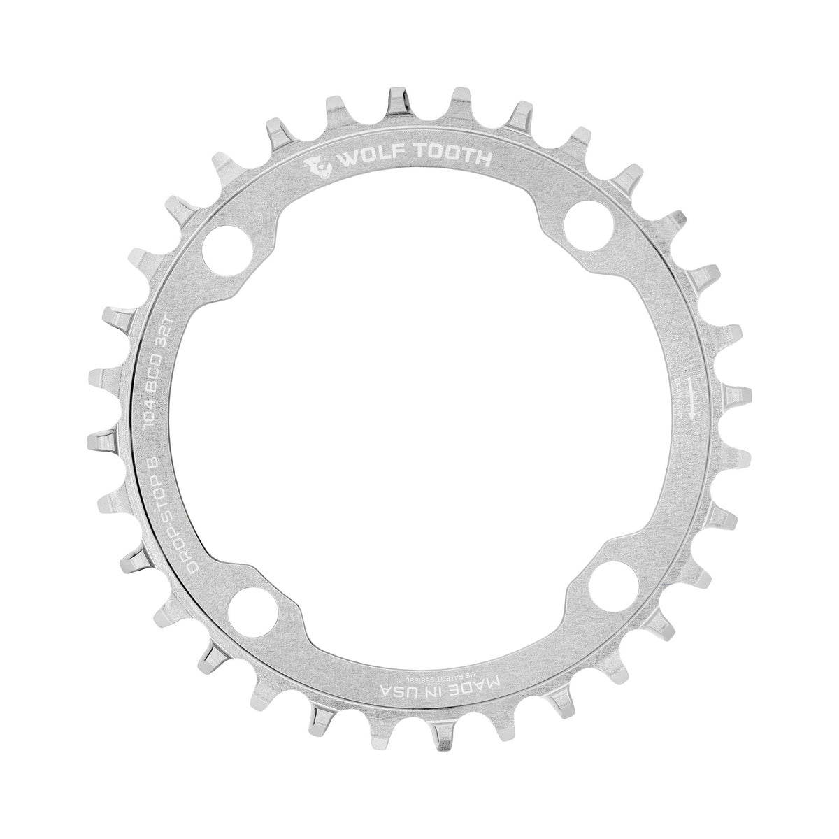 WOLF TOOTH DROP-STOP B 1-fach-Kettenblatt, 104 mm, Raw Silver — Kettenblatt auf weißem Hintergrund