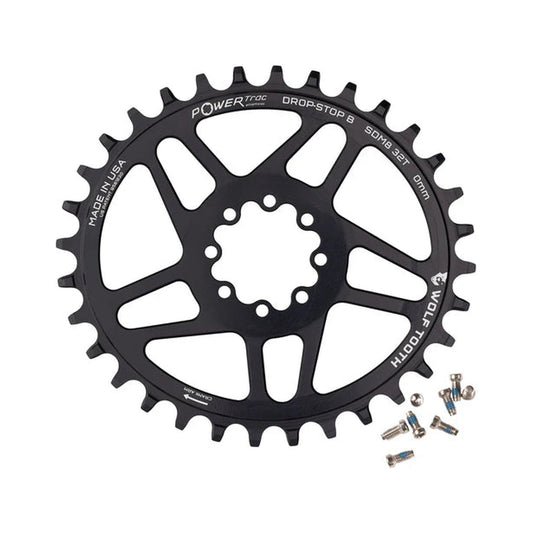Ovales WOLF TOOTH 1-fach-Kettenblatt, 12-fach, SRAM Direct Mount mit 8 Schrauben, 3 mm Versatz — Kettenblatt auf weißem Hintergrund