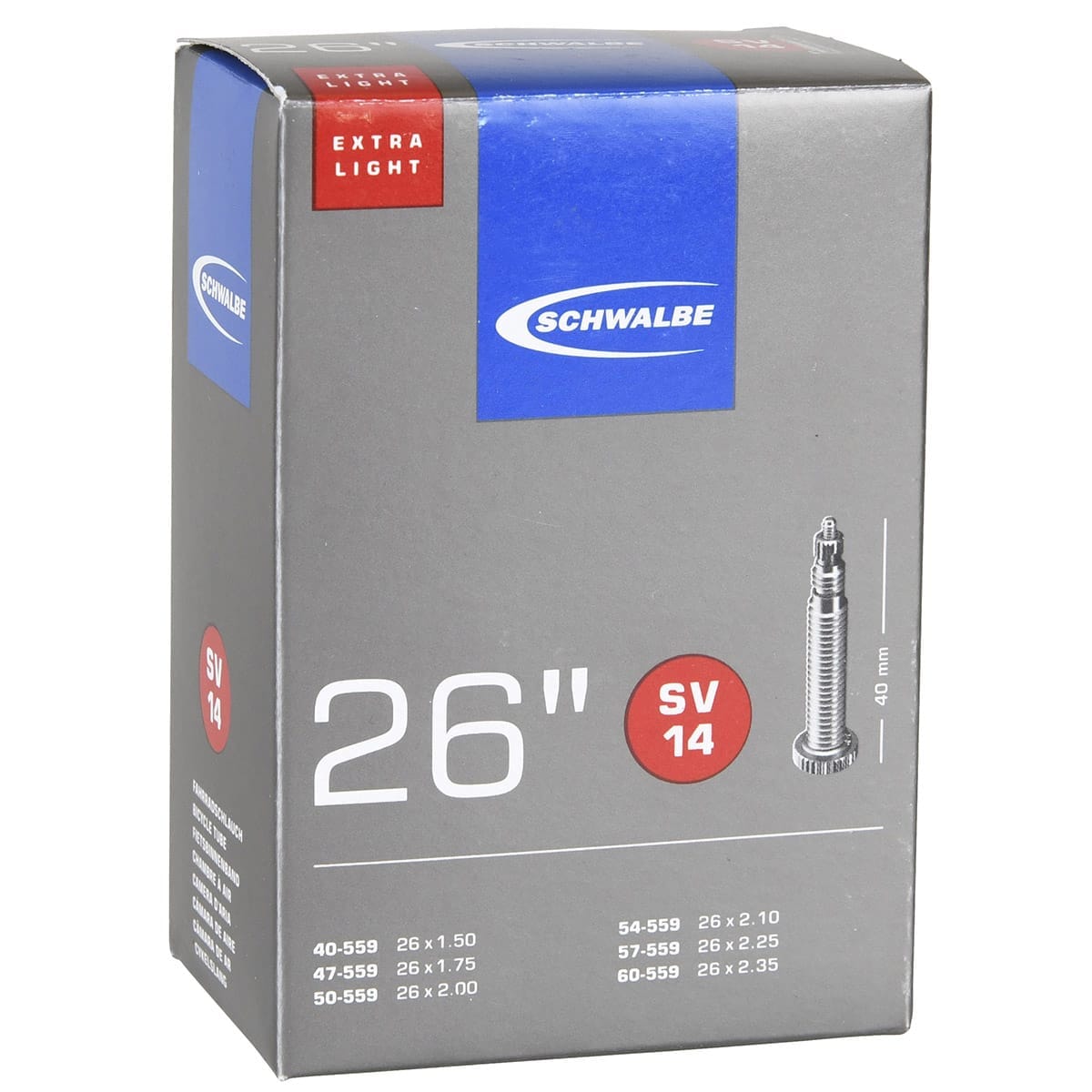 Chambre à Air SCHWALBE EXTRA LIGHT SV 14 26x1,50/2,35 Butyl Presta 40 mm 10424343