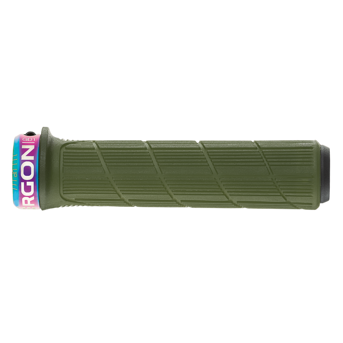 ERGON GD1 EVO Slim Factory Griffe in Frozen Mossgrün mit Oil-Slick-Klemmringen – Detailansicht