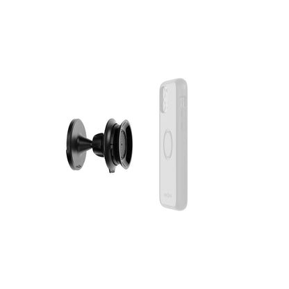 FIDLOCK VACUUM Wandhalterung in Schwarz — Halterung mit einem beispielhaft abgebildeten Smartphone