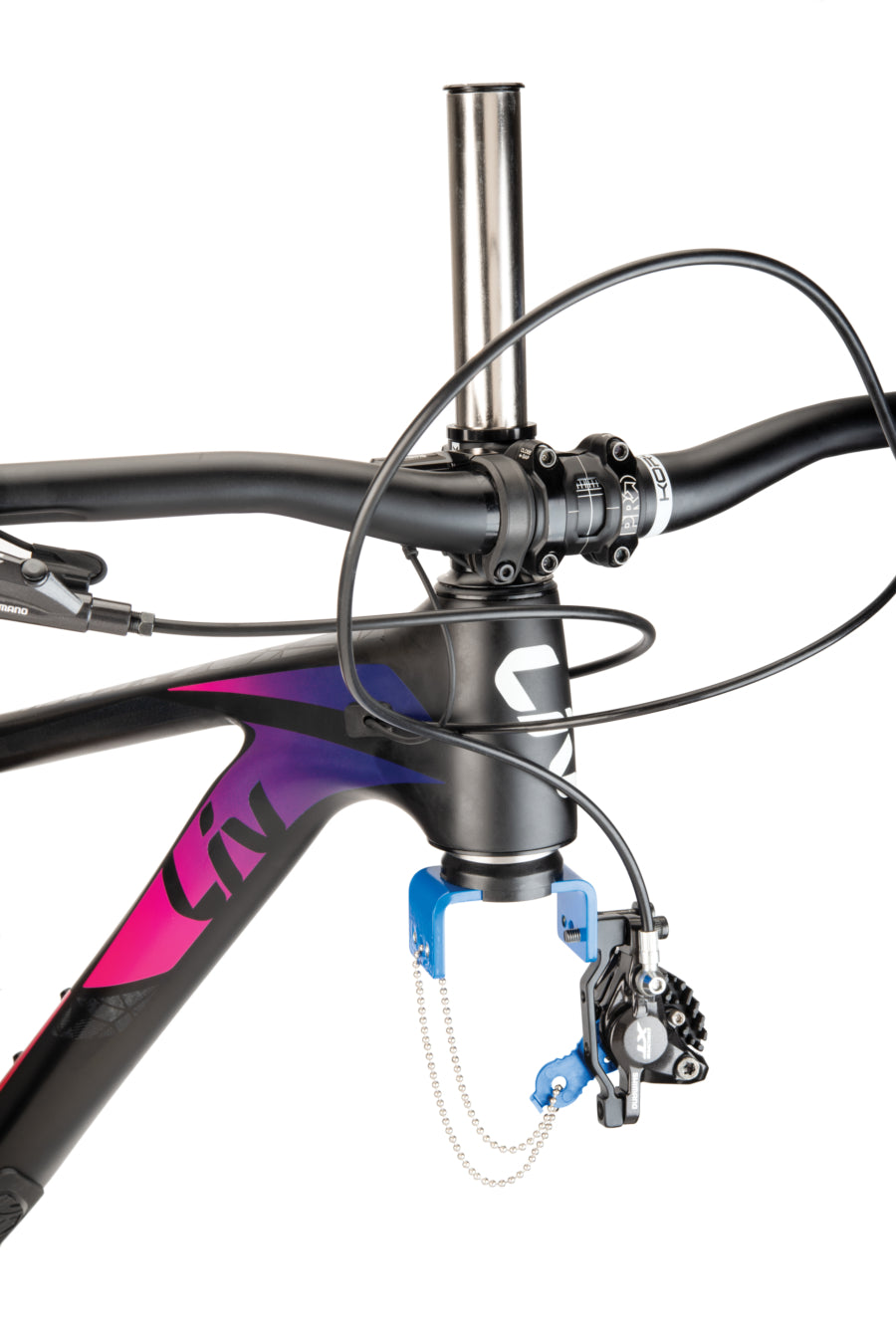 Park Tool DF-1 hält ein Mountainbike mit Post-Mount-Bremse