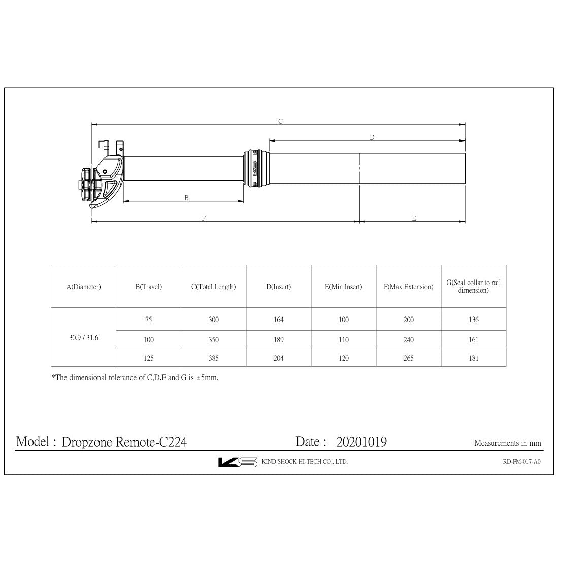 Teleskopsattelstütze KS KIND SHOCK DROPZONE REMOTE 125mm