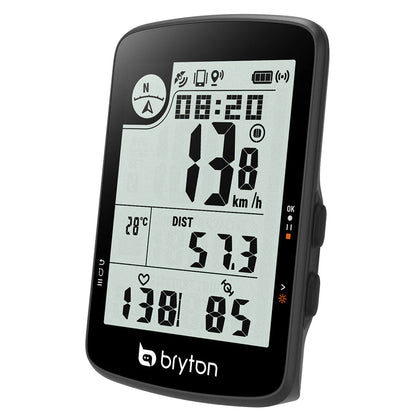 BRYTON RIDER 17E GPS-Fahrradcomputer — Dreiviertelansicht mit Datenanzeige