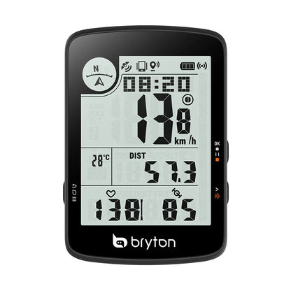 BRYTON RIDER 17E GPS-Fahrradcomputer — Vorderansicht mit Streckendaten