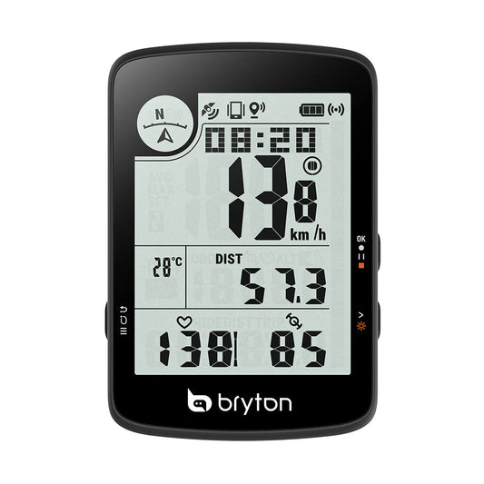 BRYTON RIDER 17E GPS-Fahrradcomputer — Vorderansicht mit Streckendaten