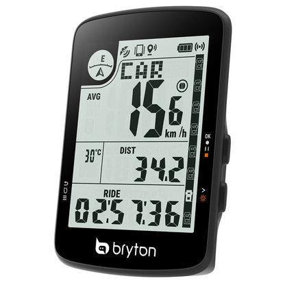 BRYTON RIDER 17E GPS-Fahrradcomputer — Dreiviertelansicht mit Geschwindigkeit und weiteren Daten