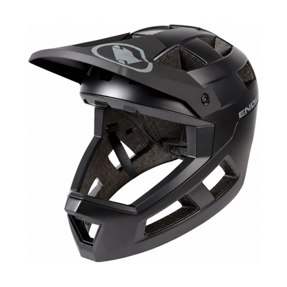 ENDURA SINGLETRACK MTB-Fullface-Helm mit MIPS in Schwarz — weißer Hintergrund