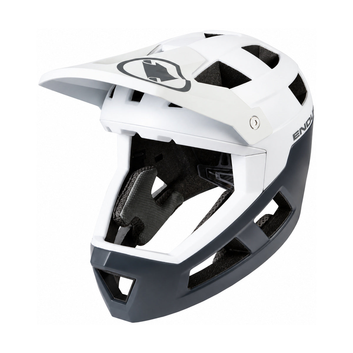 ENDURA SINGLETRACK MTB-Fullface-Helm mit MIPS in Weiß/Grau — weißer Hintergrund