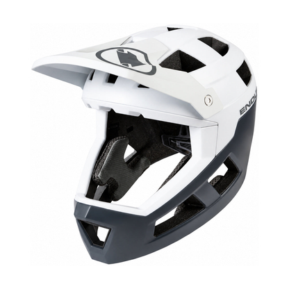 ENDURA SINGLETRACK MTB-Fullface-Helm mit MIPS in Weiß/Grau — weißer Hintergrund